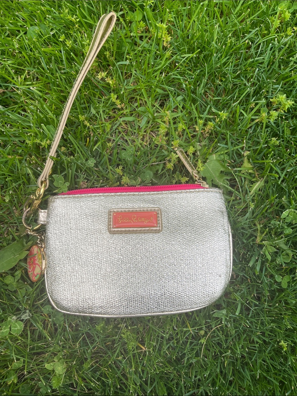 Lilly Pulitzer Metallic Wristlet with Hot Pink Trim